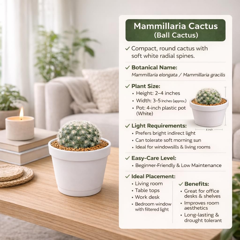 Snow Ball Cactus Live Plant (Mammillaria bocasana) in White Pot | Low Maintenance Indoor Cactus for Home Decor, Office Desk, Study Table, Bedroom Shelf & Gift Plant